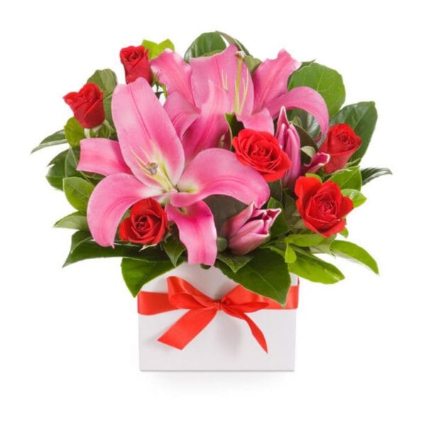 elegant pink lily & red rose box arrangement