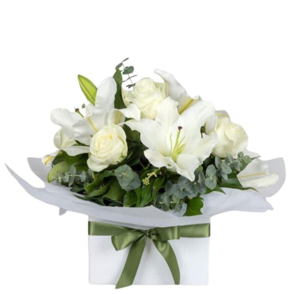 elegant white lily & rose box arrangement