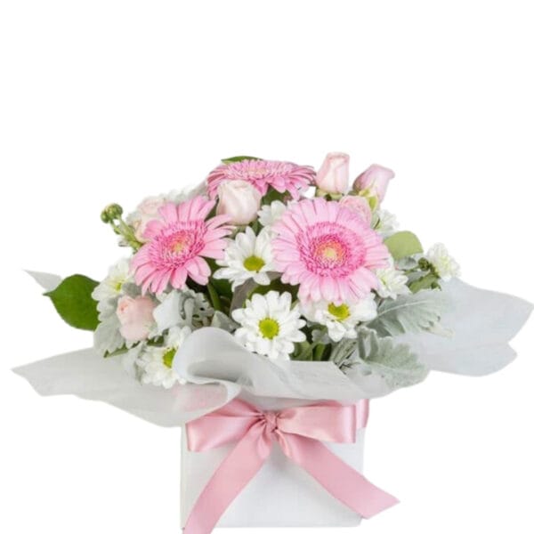 pink gerbera & daisy box arrangement