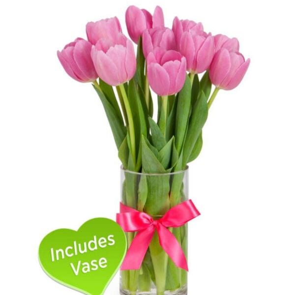 pink tulip vase arrangement – includes glass vase