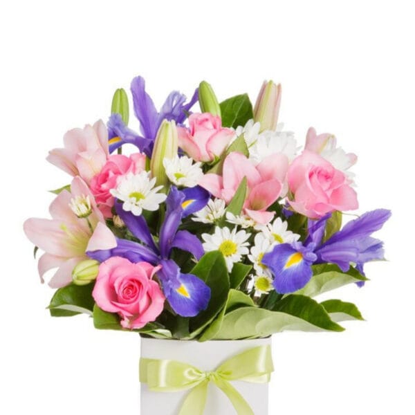 pastel delight box arrangement – roses, irises, lilies & daisies