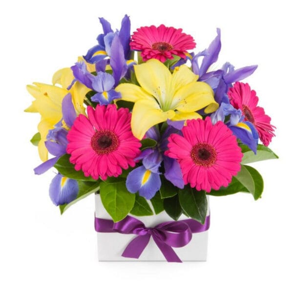 bright blooms box arrangement – gerberas, lilies & irises