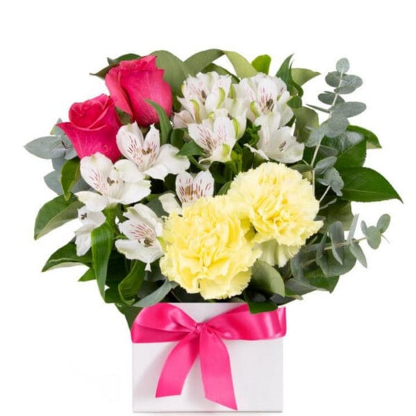 cheerful carnation & rose box arrangement – fresh mixed blooms