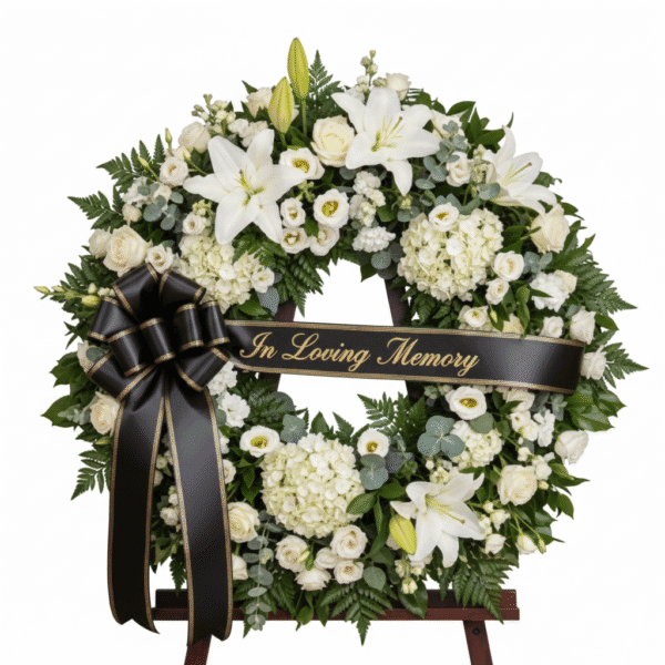 elegant white sympathy wreath – “in loving memory”