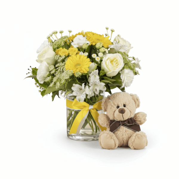 sunshine baby welcome bouquet with teddy bear