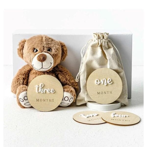 wooden baby milestone discs with plush teddy bear gift set