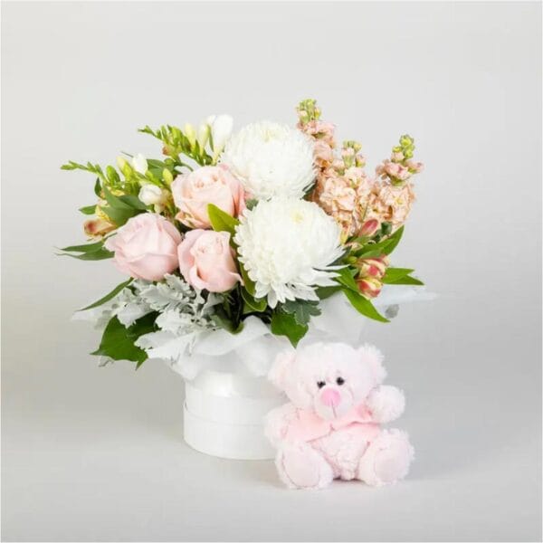 elegant baby girl flower arrangement with plush teddy bear
