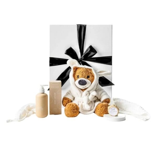 luxury baby bath gift set with plush teddy in robe