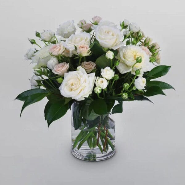 white & pink roses in vase